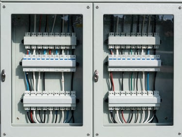 Symmetrical shot of a clean, highly organized electrical panel with perfectly routed wires, cool-toned work lights.