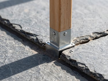 Macro architectural photograph of a crisp steel-to-wood joint, bright natural daylight casting sharp shadows, cool slate tones, 35mm lens