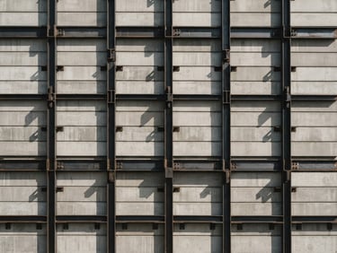Straight-on orthogonal architectural photography of stacked concrete blocks and steel sections, bright daylight, sharp geometric shadows, neutral industrial tones, 35mm