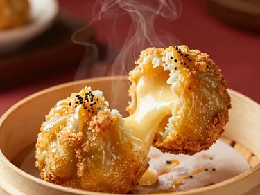 A golden fried dimsum being pulled apart to reveal melted gooey cheese, dramatic warm lighting