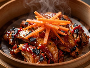 Macro shot of chicken siomay dimsum topped with grated carrot, served warm, side lighting, rich food photography