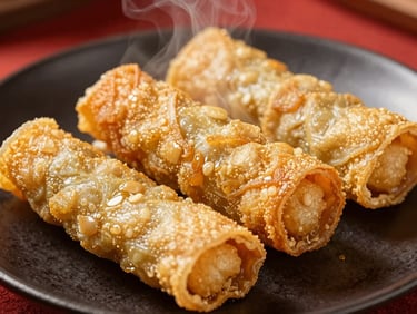 Crispy fried bean curd skin dimsum rolls on a dark plate, golden brown texture, macro shot