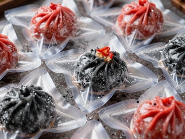 Neatly arranged frozen dimsum packs in clear vacuum-sealed packaging, clean ice crystals, professional look