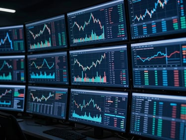 Abstract financial data visualization on multiple screens in a dark, high-tech trading room, cool blue ambient glows.