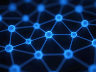 Close-up of abstract glowing neural network nodes in deep blue and obsidian tones, sharp macro lens