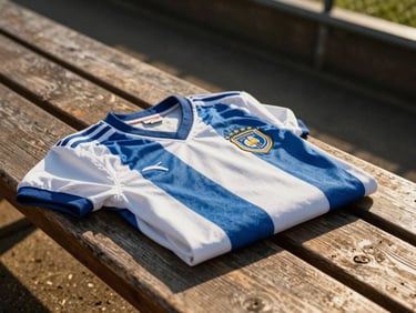 Vintage classic football jersey folded on a rustic wooden bench, golden hour lighting
