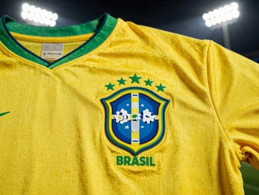 Close-up of a Brazilian club football shirt fabric, high-contrast details, raw film grain