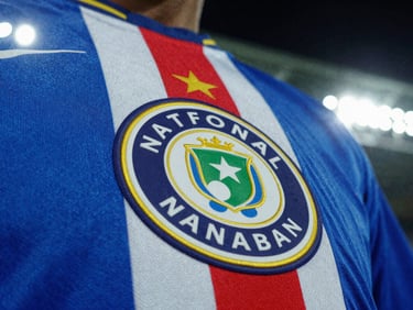 Close-up of a national team football shirt badge, vibrant colors, dramatic stadium lighting