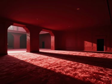 High-contrast dramatic architectural lighting of an empty luxury gala space in Dubai before guests arrive, deep crimson accents, shadows.