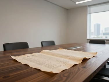 Wide-angle architectural shot of a minimalist Scandinavian-style boardroom in Dubai, soft diffused daylight, heavy parchment itineraries on a dark oak table.