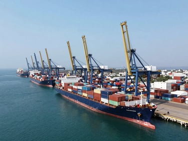 Wide angle aerial view of the modern Tema Port in Ghana, container ships docked, cranes active under bright natural daylight, deep blue ocean water, crisp corporate focus.