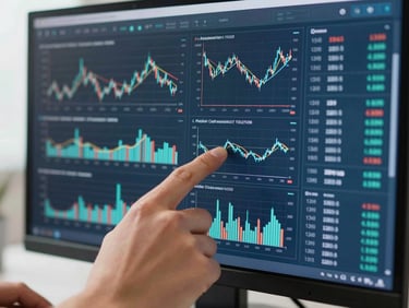 Close-up macro shot of hands analyzing complex financial charts and data dashboards on a clean, modern monitor, cool navy and teal tones, sharp focus.
