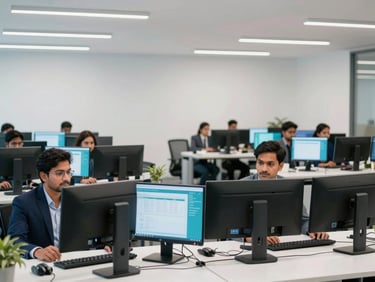 A modern, bright corporate workspace in IT City Mohali, professional team members collaborating in front of dual-monitor setups, clean design.