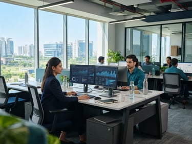 A bright, clean modern corporate office in IT City Mohali, professional teams working at dual-monitor setups with data dashboards, cool navy and teal tones, sharp focus, 35mm lens