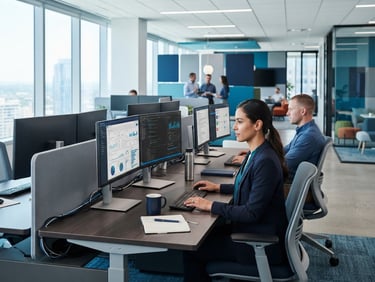 A clean, bright modern corporate office interior with dual-monitor workstations, cool blue and teal tones, sharp focus, professional environment.
