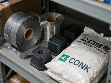 Overhead shot of labeled logistics packaging components — strapping rolls, corner protectors, and heavy-duty poly bags arranged in open bin shelving under task lighting
