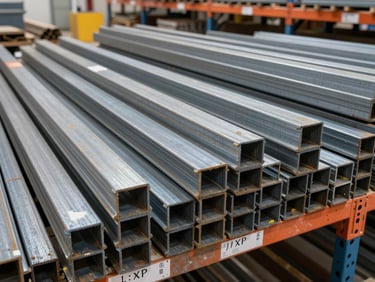 Wide-angle view of construction materials — steel angle brackets and channel sections stacked and labeled on warehouse shelving, ambient facility daylight, organized rows extending into depth