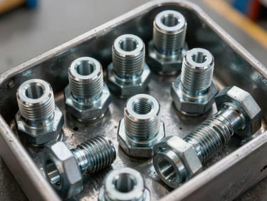 Macro close-up of machined metal fasteners arranged in a steel parts bin, sharp detail on threading and finish, overhead task lighting, warehouse floor visible in background