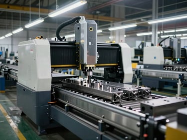 Wide shot of active manufacturing floor showing CNC machinery in operation, parts on conveyor under overhead task lighting, no workers visible, industrial environment with steel components mid-process