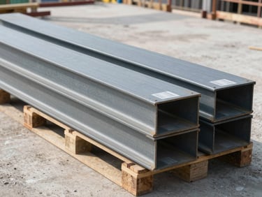 Ground-level view of an active construction site showing structural steel beams stacked and labeled on a pallet, natural daylight, concrete deck in background, no personnel