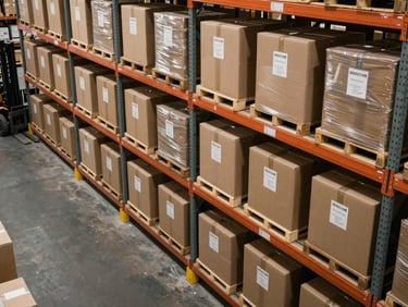 Overhead view of organized warehouse shelving with labeled corrugated boxes and bin tags, ambient warehouse lighting, forklift aisle visible at left edge, inventory fully stocked