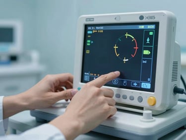 Close-up of hands adjusting a digital telemetry monitor in a clean clinical environment, soft blue lighting