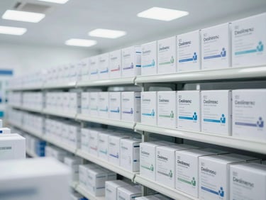 Clean, brightly lit pharmaceutical distribution warehouse in Mexico, pristine rows of medical supply boxes, clinical white light, organized and high-tech
