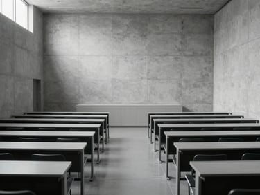 Symmetrical view of a modern minimalist lecture hall, clean concrete walls, diffused cool daylight, empty structured seating.