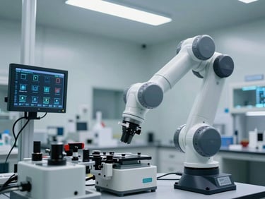 Clinical clean-room laboratory environment with precise automated robotic arms and IoT sensor arrays under cool white light