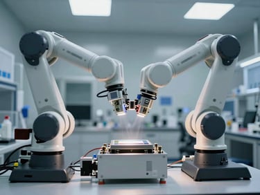 A clean-room laboratory environment with automated robotic arms testing IoT sensors under precise architectural lighting.