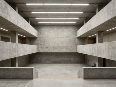 Symmetrical wide shot of a minimalist, modern concrete university lecture hall with clean architectural lines and diffused overhead lighting