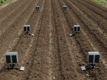 Symmetrical overhead shot of automated agricultural soil sensors placed in structured, clean crop rows under overcast daylight