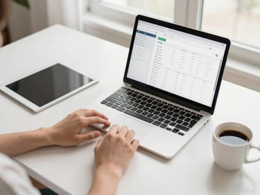 Overhead flat-lay of a modern desk with a laptop displaying a CRM dashboard, a tablet, and a coffee cup, hands interacting with the keyboard, bright natural window light, soft warm tones.