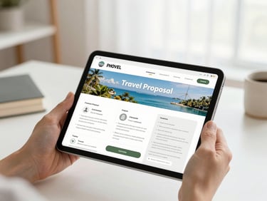 Close-up of a tablet screen displaying a beautifully designed travel proposal or client communication, hands holding the tablet, soft-focus background of a home office, bright natural light.