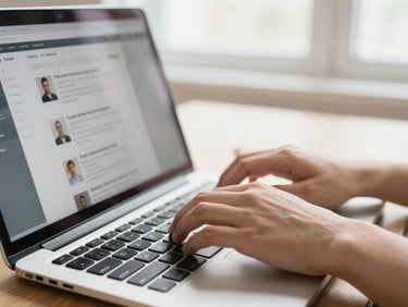 Close-up of hands typing on a laptop keyboard, a clean software interface for a forum discussion visible, natural window light, shallow depth of field.
