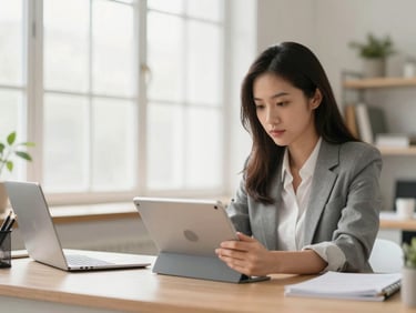 Travel agent participating in a live online workshop on a tablet, focused expression, bright home office setting, shallow depth of field.