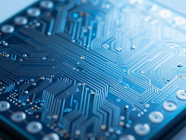 Macro close-up of a silicon wafer with intricate circuit patterns, cool blue light, high-contrast.