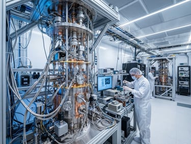 Wide-angle shot of a cleanroom facility with a dilution refrigerator in the foreground, sharp blue and white lighting, high-contrast technical details.