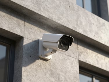 Macro shot of a high-end security camera housing integrated into a modern concrete estate facade, dramatic shadows, clean architectural lines