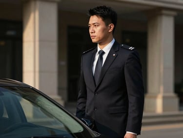 A professional security specialist in a perfectly tailored dark suit standing near a sleek vehicle, low-key side-lighting, absolute focus, 35mm