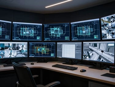 A sleek monitoring room with high-contrast displays showing architectural blueprints and security feeds, low-key lighting, technical precision