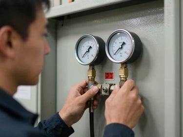 Medium shot of a technician's hands checking pressure gauge on a fire suppression control panel, available light from overhead fluorescents, focus on the dial face