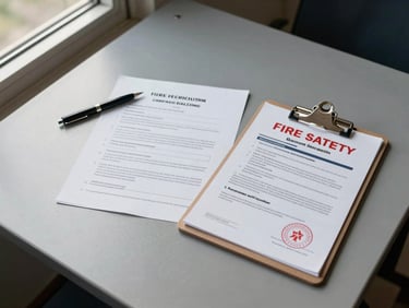 Flat-lay overhead view of fire safety compliance documents and an inspection certificate on a grey metal desk, natural window light from the side, clipboard and pen visible