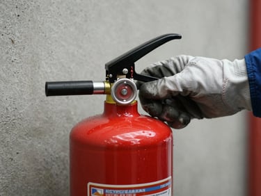 Close-up of a technician's gloved hand adjusting a red fire extinguisher valve, natural light, concrete wall background, industrial setting