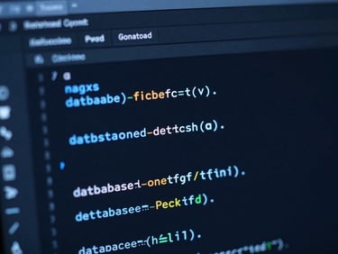 Moody dark-mode close-up of clean code editor displaying database schema, cool neon blue backlight, sharp focus