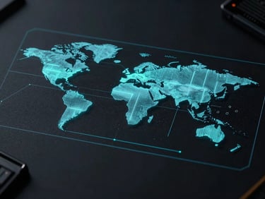 Overhead architectural diagram of global server distribution, glowing cyan lines on dark background, high contrast