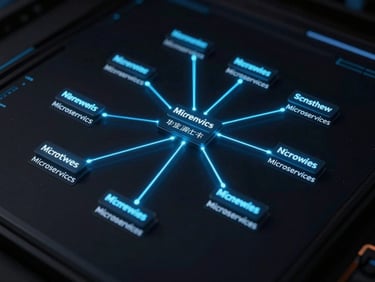 High-fidelity system architecture diagram of a microservices network on a dark screen, glowing electric blue connection lines, clean monospace labels, terminal styled UI, cool moody lighting.