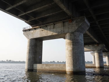 Low-angle shot of a massive concrete bridge pier anchored in deep river water, high-contrast industrial documentary photography
