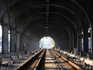 Inside a massive dark railway tunnel under construction, temporary steel arches visible, dramatic industrial spotlighting
