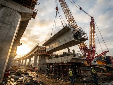 Low-angle heroic shot of a massive concrete flyover segment under construction, dramatic morning sunlight casting long shadows, sharp industrial details
